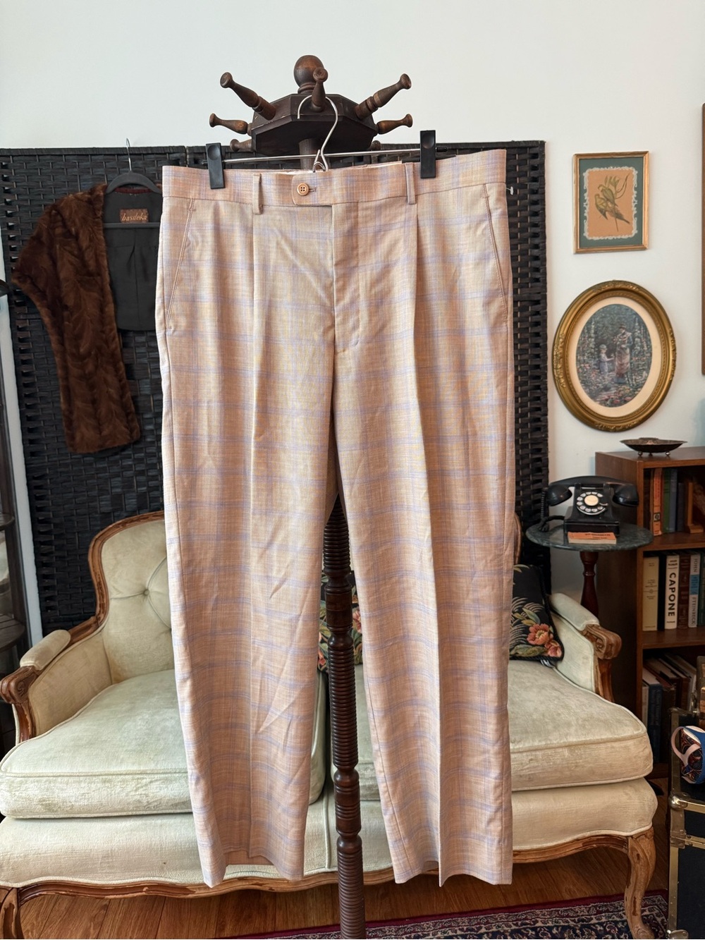 🤎 NWT Vitali Beige Windowpane Plaid Dress Pants 36x27